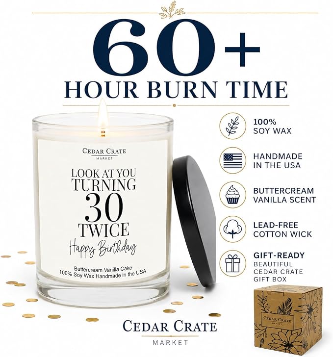 Crate Market 60th Birthday Gifts for Women – Buttercream Soy 60th Birthday Candle, 60+ Hour Burn, Funny Turning 60 Gift Ideas for Her Mom Wife Best Friend, Handmade USA