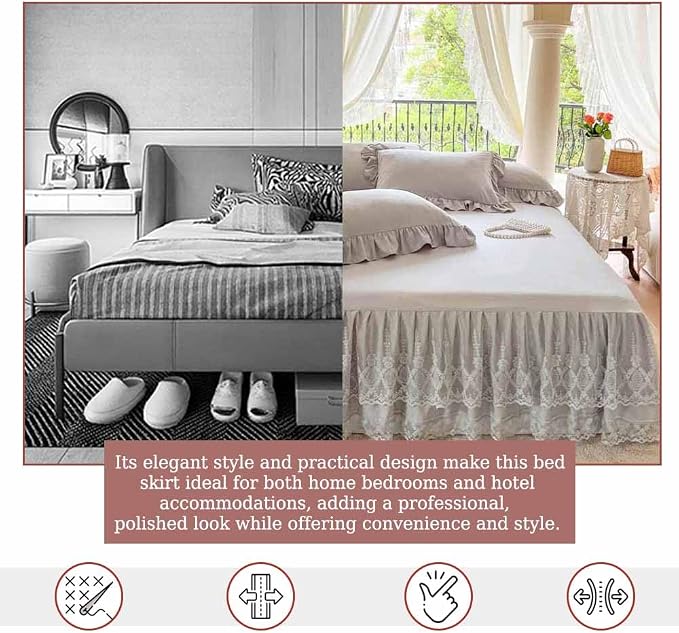 Lace Bed Skirt & Bedsheet Queen Size - 17 in. Drop, Easy Fit Ruffled Bedskirt Wrap Around Bedcover, Anti Wrinkle & Fade