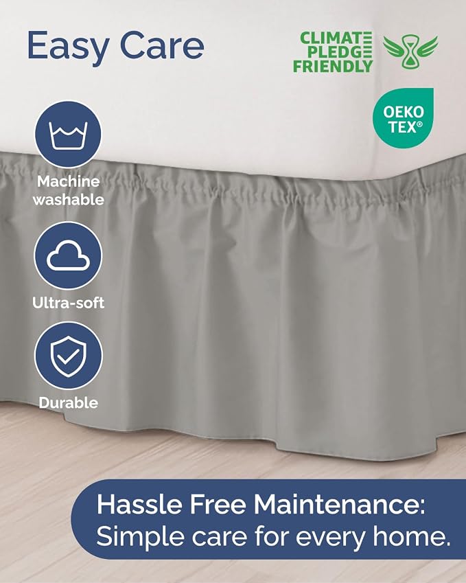 Wrap Around Dust Ruffle Bed Skirt, Full Size - 14 Inch Drop, Light Grey | Easy Fit Elastic Strap, Adjustable Pleated Bedskirt w/Brushed Fabric, Wrinkle & Fade Free, for Women, Men, Kids & Teens