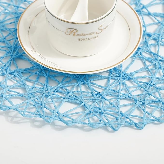 IcosaMro Sky Blue Round Placemats Set of 12 for Dining Table, 13 Inches Paper Woven Boho Small Decorative Circle Place Mat for Wedding Christmas Thanksgiving Day Holiday Dinner, Sky Blue