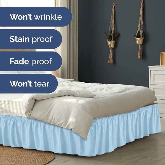 Wrap Around Dust Ruffle Bed Skirt - College Dorm Room - Twin/Twin XL | Light Blue, 18 Inch Drop, Elastic Strap & Adjustable Pleated Bedskirt, Wrinkle Free, for Women, Men, Students, Kids & Teens