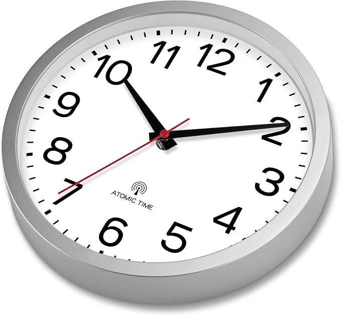 AKCISOT 12 Inch Wall Clock, Silent Battery Operated Analog Clock, Silver | Atomic | Office | Kitchen | Living Room | Classroom | Easy-to-read Numbers