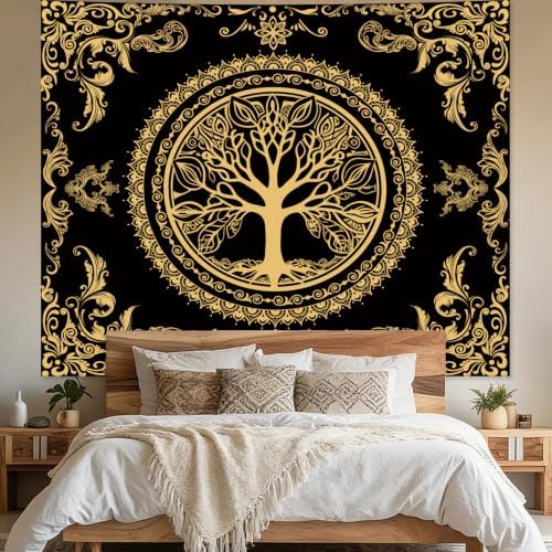 Black Golden Boho Tapestry for Bedroom, Hippie Tree of Life Wall Tapestries