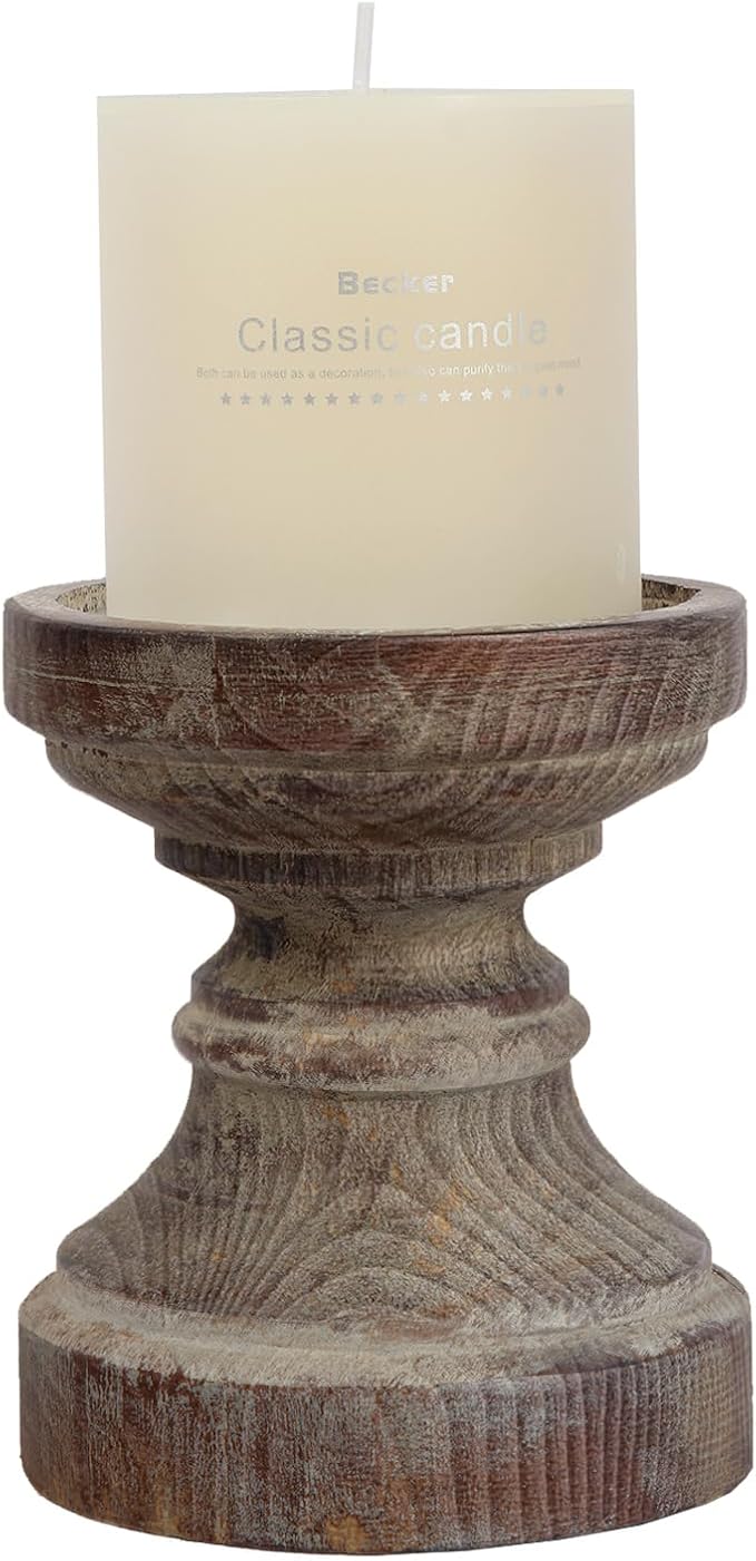 SOFE Wood Pillar Candle Holder, Handmade Farmhouse Candle Holders 6“ Tall