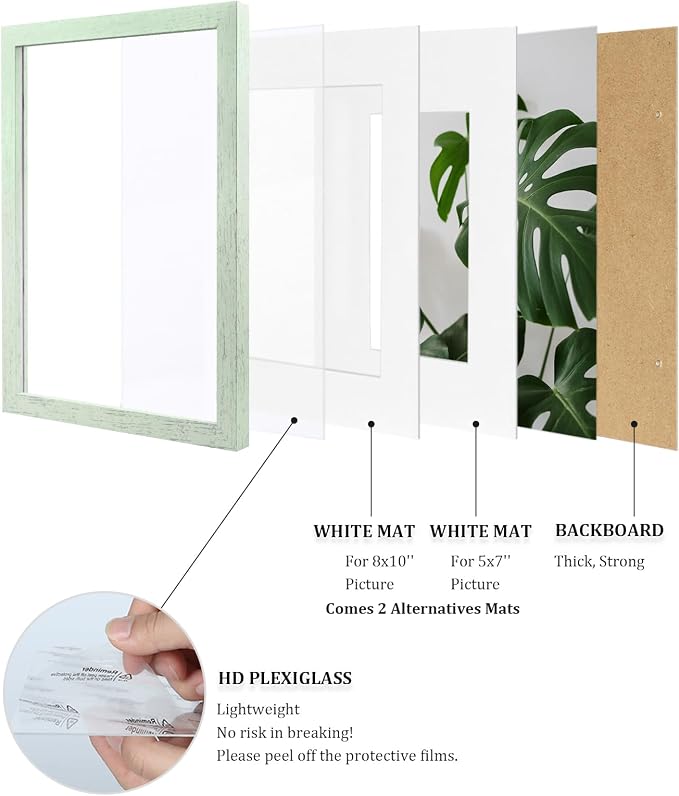 Egofine 11x14 Picture Frames Set of 4, Made of Solid Wood Covered by Plexiglass 5x7 and 8x10 with Mat or 11x14 without Mat, for Table Top Display and Wall Mounting Photo Frame Rustic Green