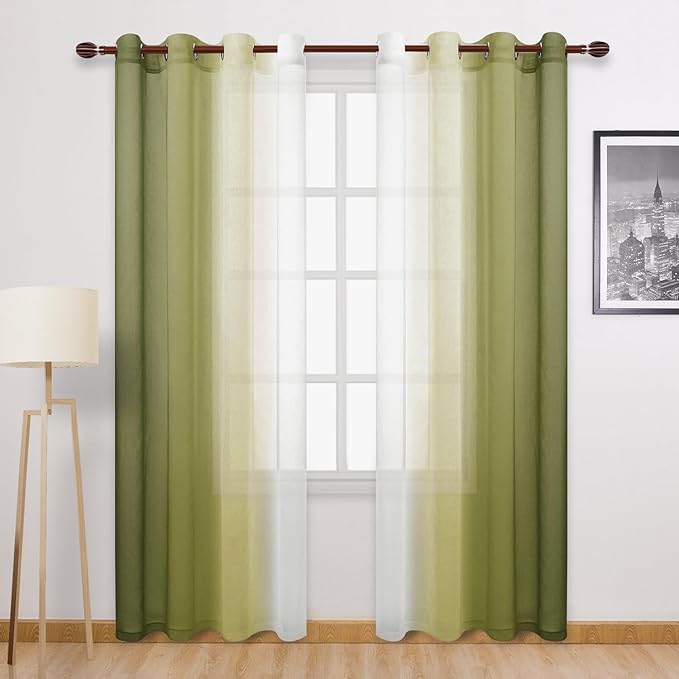 DWCN Faux Linen Ombre Sheer Curtains - Olive Green Gradient Semi Voile Curtains for Bedroom and Living Room, Set of 2 Grommet Top Window Curtain Panels, 52 x 108 Inches Long