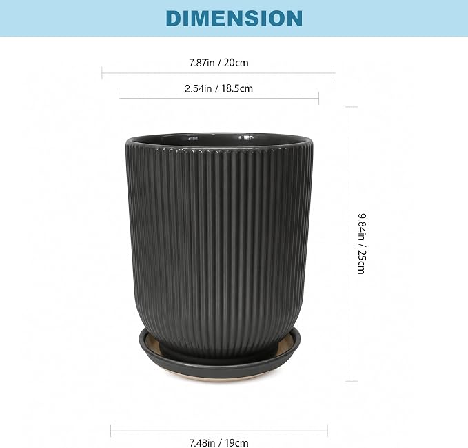 Deep Dream 8 Inch Ceramic Pots for Plants, Heavy Plant Pot for Indoor Outdoor Plants, Large Plant Pot with Drainage Hole and Saucer, Modern Tall Flower Pot, Gifts for Plant Lovers, Black