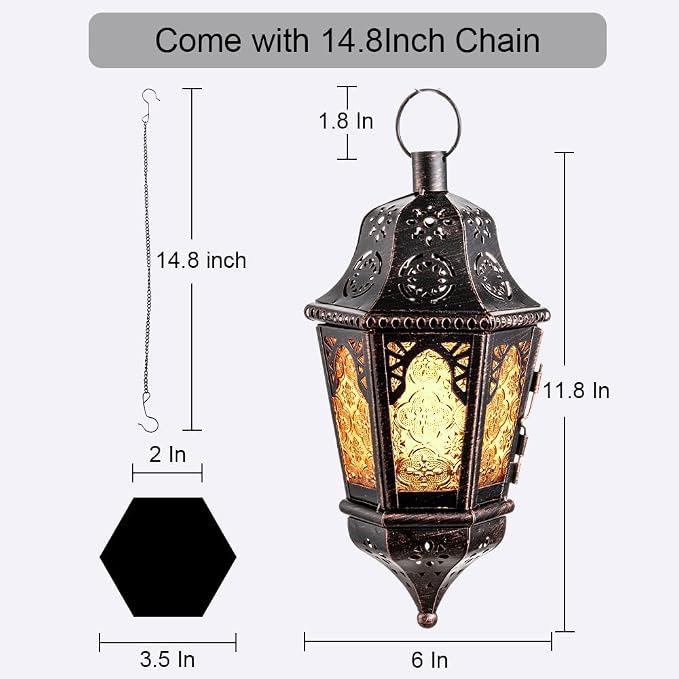 NEEDOMO Hanging Moroccan Lantern, 13.5'' Vintage Metal Candle Holder with 14.8" Chain, Ramadan Lanterns Decorative Indoor Outdoor for Home, Table, Patio, Porch, Christmas,Halloween, Spring (Amber)