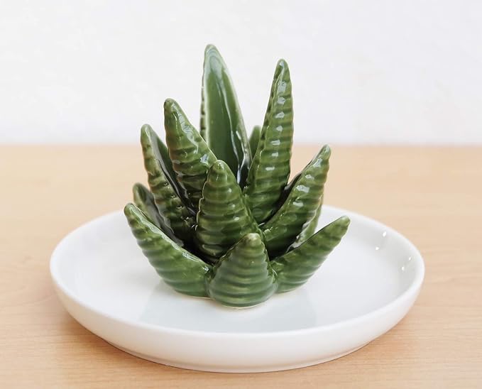 PUDDING CABIN Aloe Ring Holder,Cactus Ring Dish,Jewelry Holder Trinket Tray for Rings Earrings Necklace Organizer,Bridesmaid Christmas Birthday Gift for Women Girls