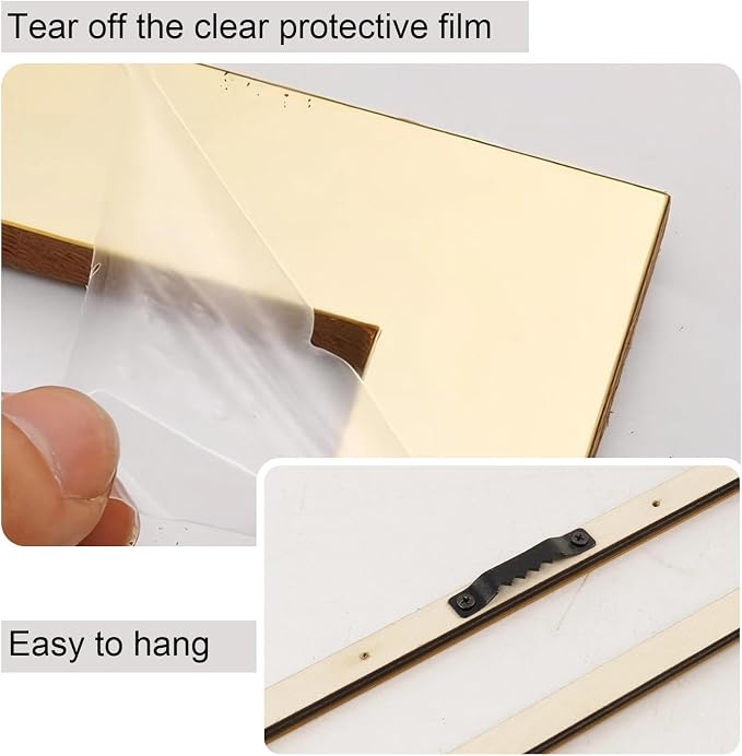 2 Piece Gold Rectangular Wall Mirrors, 15.7×7 Inch Geometric Wooden Frame Acrylic Wall-Mounted Modern Mirror Decor for Bathroom Bedroom Living Room Office Farmhouse Home Decorations