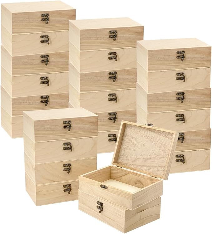 24 Pack Unfinished Wood Box with Lid Crafts 8.3 x 6 x 2.7 Inches Wooden Box for DIY Arts Project