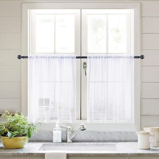 MIULEE White Sheer Kitchen Curtains 36 Inch Length Linen Textured Half Window Curtains for Bathroom Cafe, Rod Pocket Short Curtain Tiers Light Filtering Drapes 2 Panels 29 x 36 Inches Long