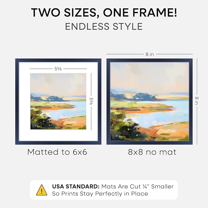 Homeforia 8x8 Blue Picture Frame, High-End Metal, 6x6 Mat, Glass