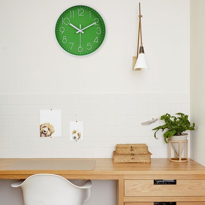 jomparis Modern Office Green Decor Wall Clock 12" Silent & Non-Ticking Battery Operated Quartz Round Clock