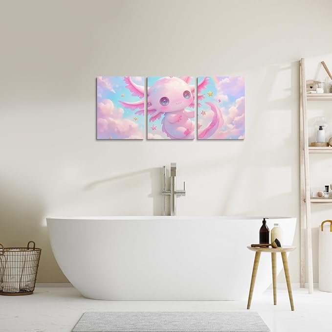 Feelyou Kids Cute Axolotl Picture Wall Decor Galaxy Cloud Wall Painting Posters and Prints Boys Girls Cartoon Animal Canvas Wall Art for Living Room Bedroom Rainbow Bathroom Wall Art 12"x16"x 3Pcs