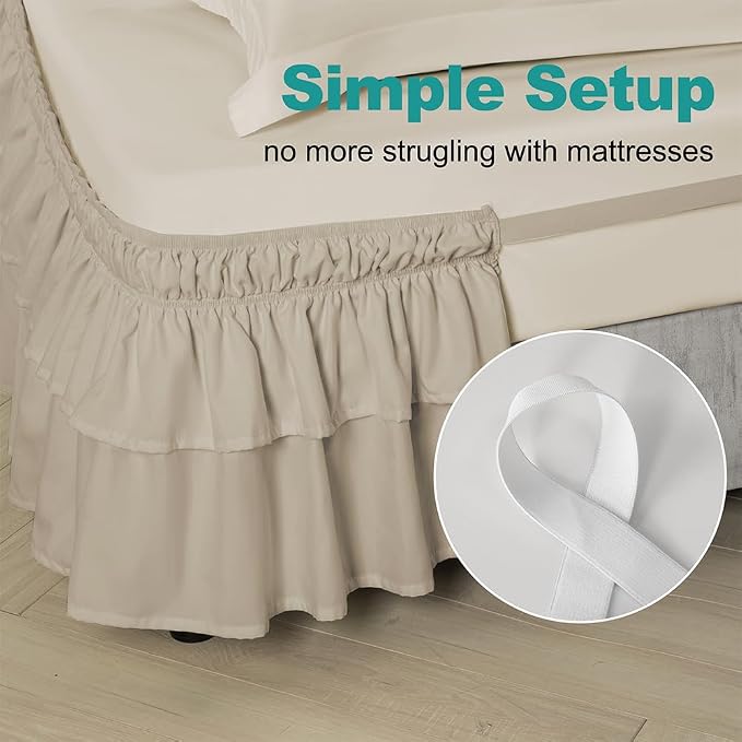 Double-Layered Ruffled Bed Skirt,Taupe,Full/Queen, 14" Drop | Wrap Around, Adjustable Elastic, 2 Layer, Machine Washable Soft Fabric, Multi Ruffle Bedskirt