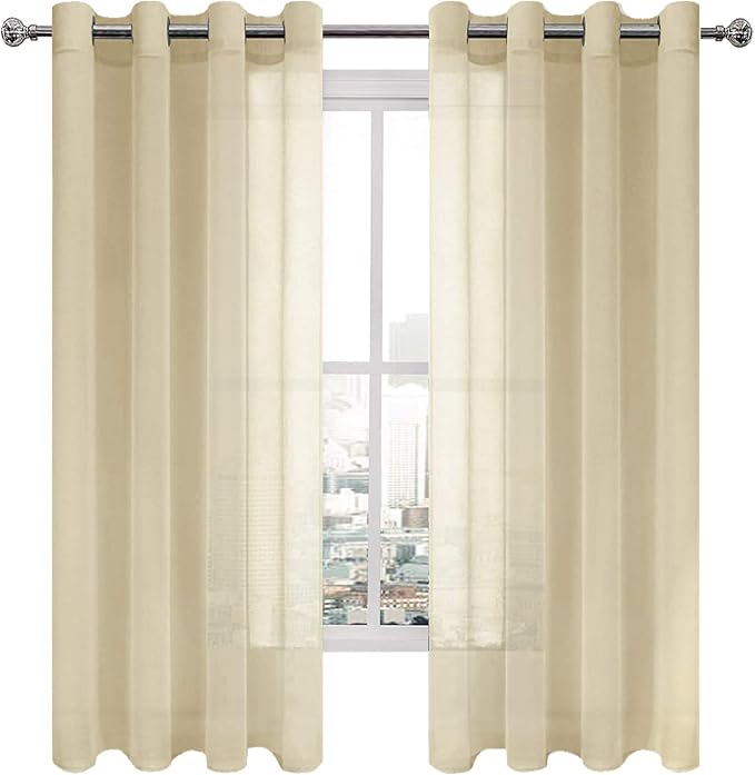 DWCN Sheer Curtains Faux Linen Voile Sheer Drapes for Living Room Grommet Window Curtain 52 x 63 Inch Long, Set of 2, Beige