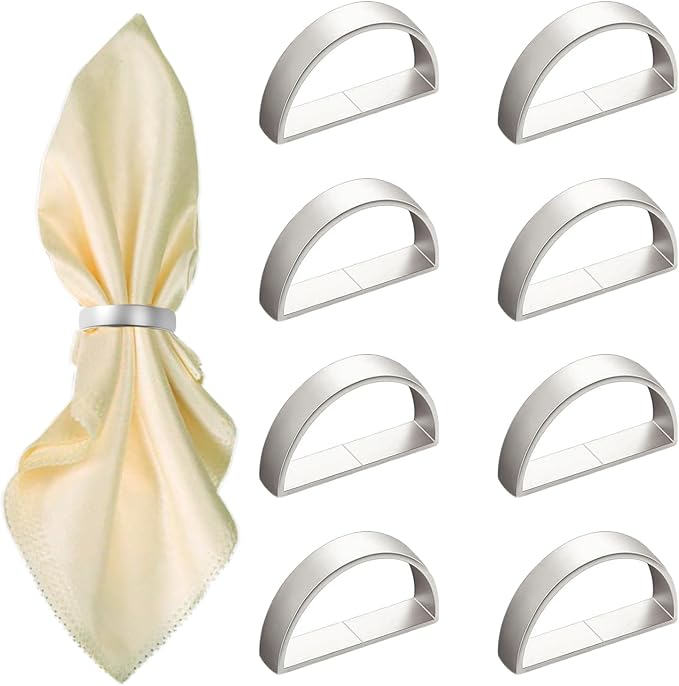 8 Pcs Silver Napkin Rings - Metal Napkin Ring(Semicircle) | Stainless Steel Napkin Rings for Table Settings Wedding Christmas Party Dinner Table
