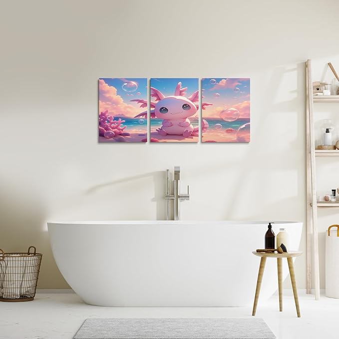 Feelyou Kids Cute Pink Axolotl Canvas Wall Art for Living Room Bedroom Ocean Sealife Wall Painting Posters Girls Kawaii Cartoon Animal Picture Wall Decor Beach Bathroom Wall Art 12"x16"x 3Pcs