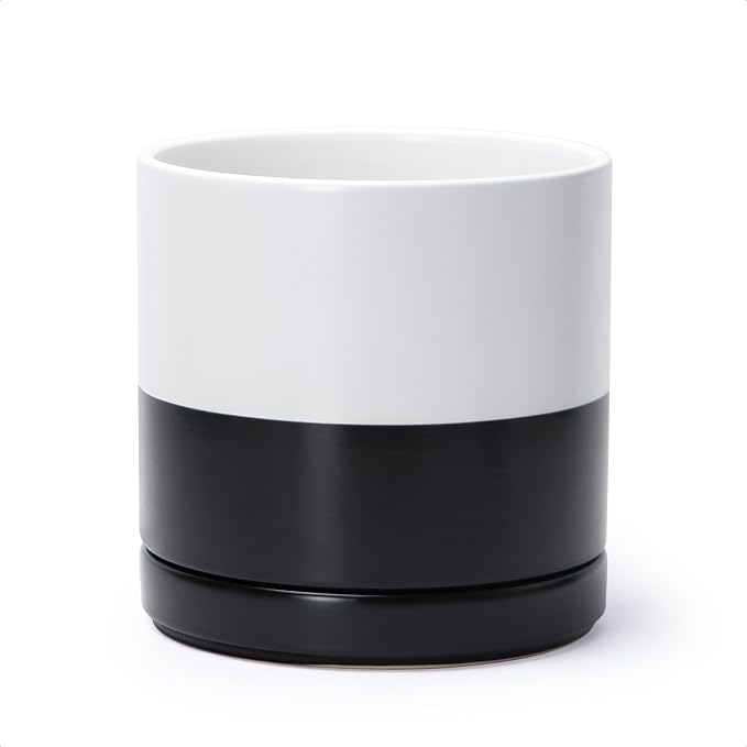 D'vine Dev 8.2 Inch Ceramic Planter Pot, Black White Two Tone, 94-O-D-L | Modern Cylinder Design, Drainage Hole & Saucer Included, Stable Structure, Elegant Home Accent