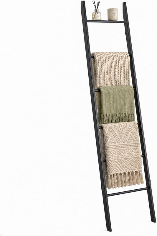 6 Tier Blanket Ladder with Shelf, Wooden Blanket Rack for Living Room, Leaning Towel Ladder Rack for Bedroom, Bathroom, Quilts, Throws, Towels and Farmhouse Décor Black