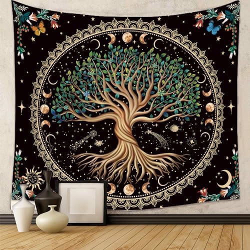 Moon Phase Tree of Life Tapestry Nature Flower Plant Butterfly Tapestries Boho Mandala Spiritual Tapestry Aesthetic Wall Hanging for Home Decor Bedroom Living Room Dorm Decor (35.44" x 47.25", Blue)