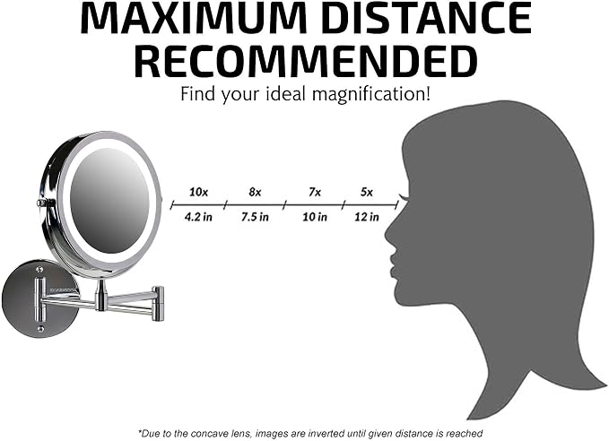 OVENTE 6.8" Lighted Wall Mount Makeup Mirror, 1X & 7X Magnifier, Adjustable Double Sided Round LED, Extend, Retractable & Folding Arm, Compact & Cordless, Battery Powered Polished Chrome MFW70CH1X7X