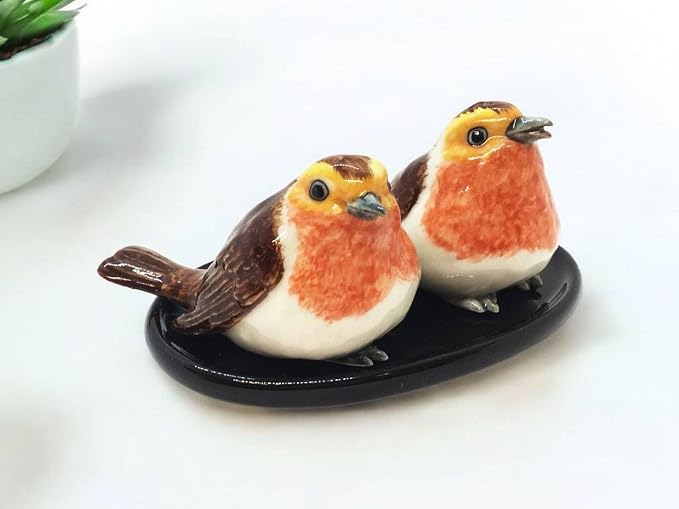 WitnyStore Tiny 3¼" Long Couple of Robin Bird Salt Pepper Shaker Figurines - Miniature Hand Made Ceramic Birds Aves Colorful Porcelain Feathered Animals Cute Decorative Collectible Figures Décor Gifts