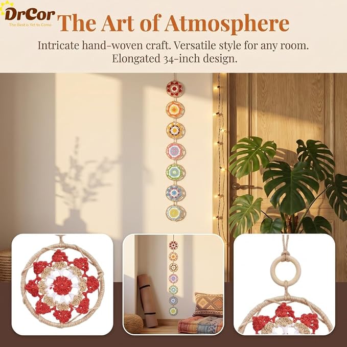 DrCor Colorful Rainbow Boho Wall Decor - Crochet Mandala Dream Catcher