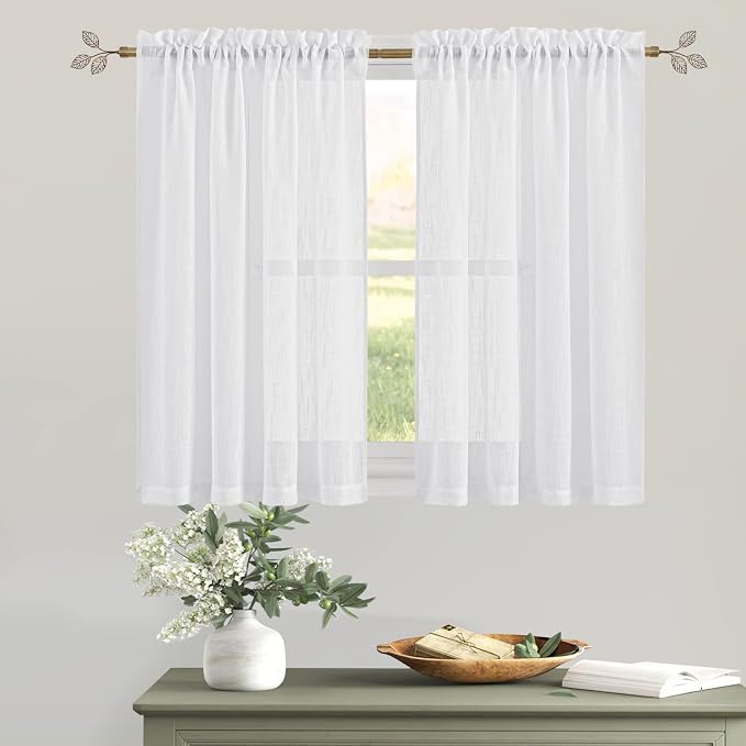 RYB HOME White Semi Sheer Curtains 54 inches Long for Living Room | Light Filtering, Privacy Protection, Linen Textured, for Bathroom Office Study Room, White, W42 x L54, 2 Panels
