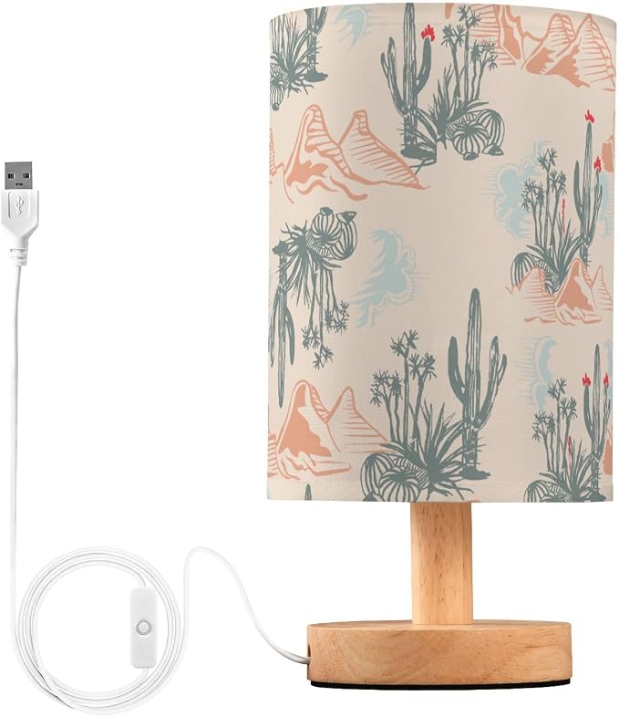 Bedside Table Lamp Western Desert Cactus Mountains Nightstand Lamp with Wood Desk Lamps for Bedroom Living Room Nursery Office Home Decor
