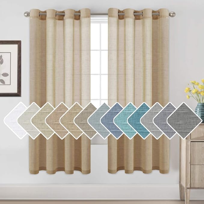 Window Treatments Linen Curtain Panels Open Weave - Natural Linen Blended Sheer Curtains with Nickel Grommet for Living Room, Privacy Assured (Taffy, 52"W x 72"L, Set of 2)
