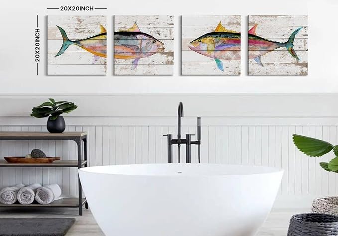 Sea Fish Wall Art Ocean Theme Canvas Prints Home Decorations Watercolor Marine Life Colorful Tuna Wall Decor Painting Picture Bathroom Modern Bedroom Living Room Artwork Posters 20x20 Inch 4 Pieces