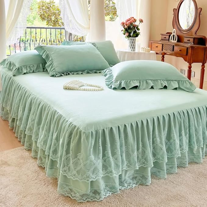 Lace Bed Skirt & Bedsheet Queen Size - 17 in. Drop, Easy Fit Ruffled Bedskirt Wrap Around Bedcover, Anti Wrinkle & Fade