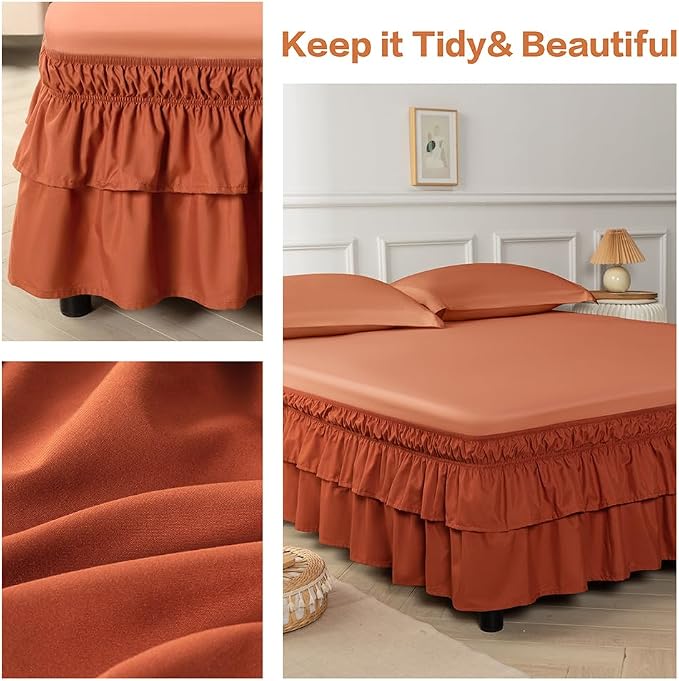 Double-Layered Ruffled Bed Skirt,Orange Red,King/Cal King, 14" Drop | Wrap Around, Adjustable Elastic, 2 Layer, Machine Washable Soft Fabric, Multi Ruffle Bedskirt
