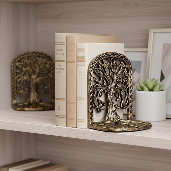 Tree of Life Bookends Set Heavy Duty Metal Book Ends for Shelves | Antique Brass Iron Decorative Bookend Pair for Home, Office, Library or Study | Elegant Vintage Style Book Holder Décor