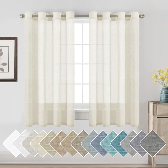 H.VERSAILTEX Linen Curtains Flax Linen Blended Curtain Panels for Living Room/Bedroom Semi Sheer Privacy Curtains 63 inch Length 2 Panels Set Nickel Grommet Window Drapes, Ivory