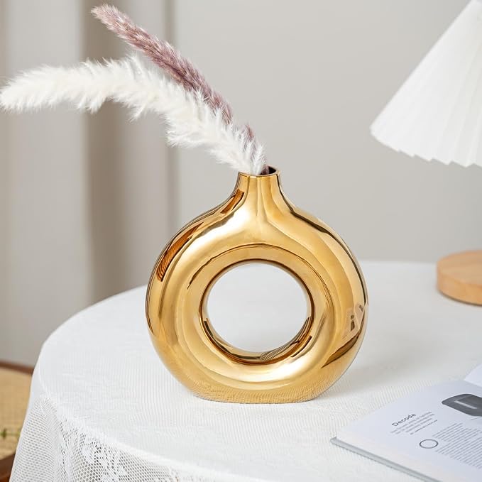 White and Gold Donut Vase, Modern Ceramic Vase for Pampas Grass, Perfect Centerpiece for Weddings, Living Room, and Office Decor (Full Gold, L)