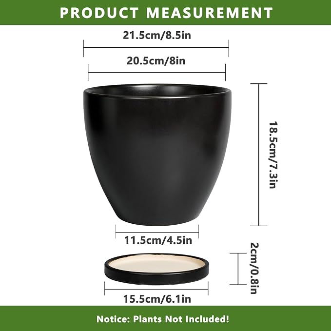 8 Inch Plant Pot - Ceraimc Planter for Indoor Outdoor Plants, Round Flower Pots with Drainage and Tray, House Decor, Black