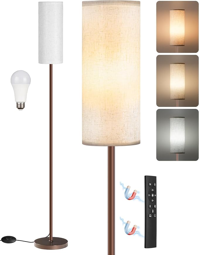 Dimmable Floor Lamps for Living Room with Remote and Foot Switch, 64.4” Modern Standing Tall Lamp, Corner Lamp for Bedroom, Office, Bulb Included, 3000K-6500K, Beige and Brown VW06LD05W1