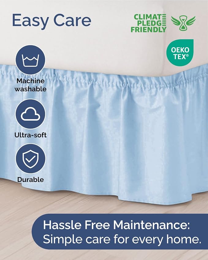Wrap Around Dust Ruffle Bed Skirt, Full Size - 12 Inch Drop, Light Blue | Easy Fit Elastic Strap, Adjustable Pleated Bedskirt w/Brushed Fabric, Wrinkle & Fade Free, for Women, Men, Kids & Teens