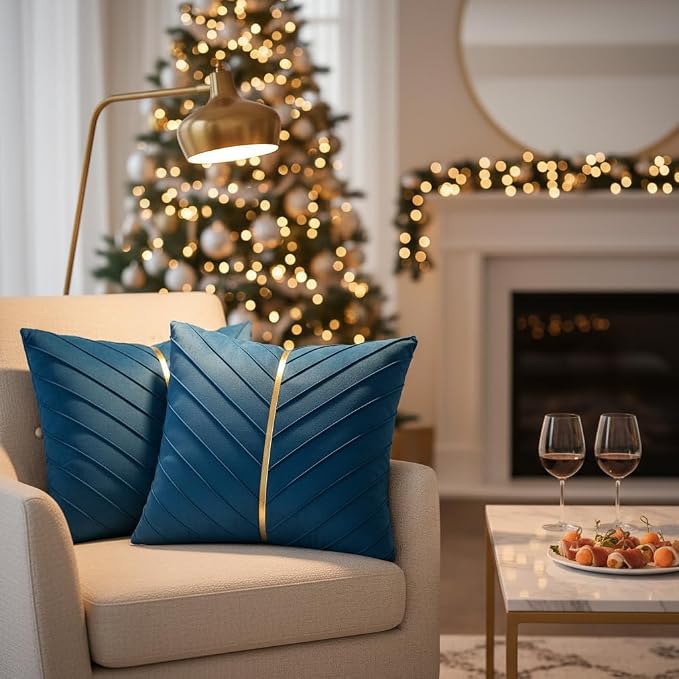 Velvet Throw Pillow Covers 22x22 Pack of 2 Gold Decor Lake Blue