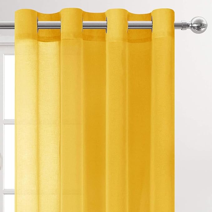 DWCN Yellow Sheer Curtains, Grommet Top Faux Linen Look Voile Semi Transparent Solid Window Sheer Curtains Drapes for Bedroom Living Room, Set of 2 Panels 52 x 102 Inch Long, Yellow