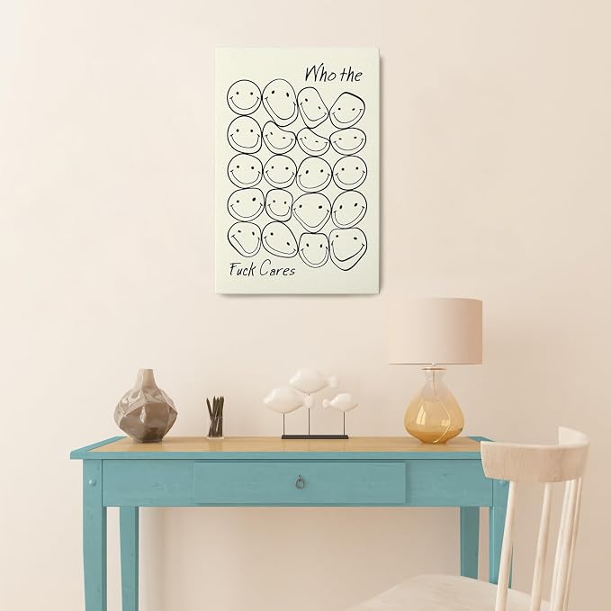 Funny Quote Canvas Wall Art Beige Smiley Face Line Art Print 12x16Inch | Unframed Modern Home Decor Humorous Wall Art for Bedroom, Bathroom, Office & Living Room Unique Humorous Wall Decoration Gift