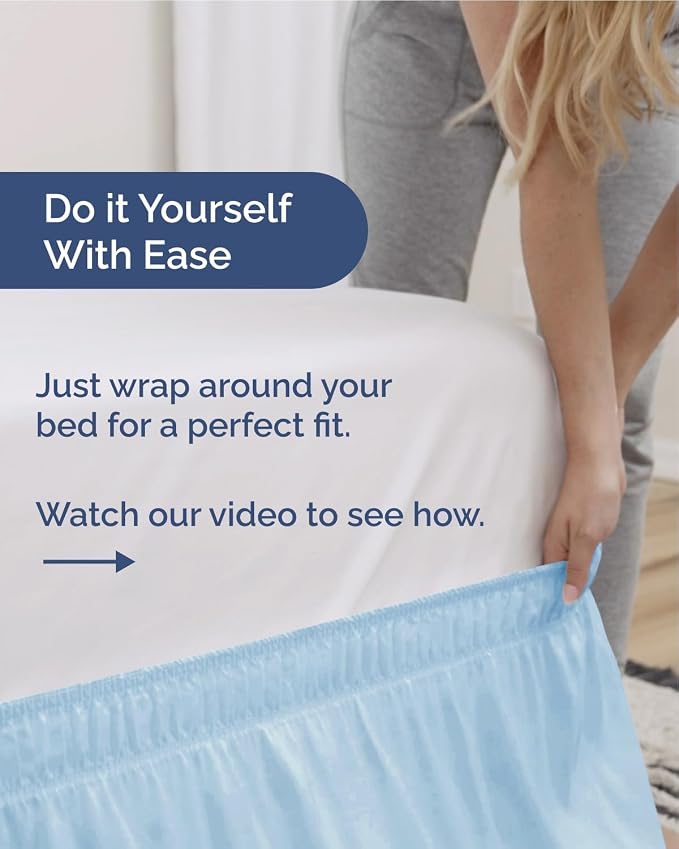 Wrap Around Dust Ruffle Bed Skirt, Queen Size - 18 Inch Drop, Light Blue | Easy Fit Elastic Strap, Adjustable Pleated Bedskirt w/Brushed Fabric, Wrinkle & Fade Free, for Women, Men, Kids & Teens
