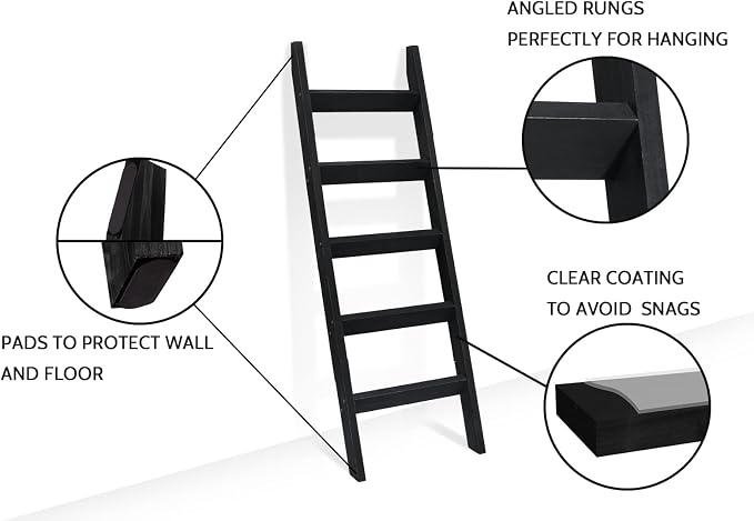 FUIN Blanket Ladder, 5ft Angled rungs Rustic Solid Wood Decor Rack, Black | 5 rungs, farmhouse quilt display holder, organize towel, leaning wall, bathroom and living room use, knocked down side rail