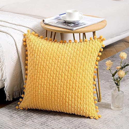 Fancy Homi Set of 2 Yellow Decorative Throw Pillow Covers 20x20 Inch with Pom-poms for Couch Bed Sofa, Modern Farmhouse Boho Spring Home Decor, Soft Plush Corduroy Cute Cushion Case 50x50 cm