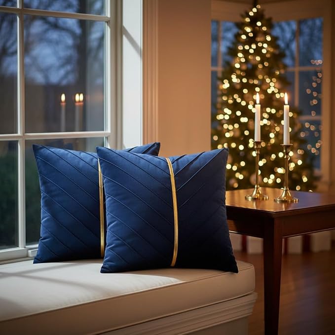 Velvet Throw Pillow Covers 24x24 Pack of 2 Gold Decor Navy Blue