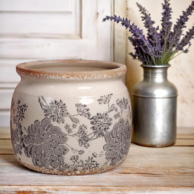 Modern Farmhouse Ceramic Planter & Vase with Drainage for Indoor Plants | 6.29" Vintage Distressed Plant Pot, Rosemary & Succulent Pots, Decorative Pottery Vase, Office Balcony Decor, Gift (Gray)