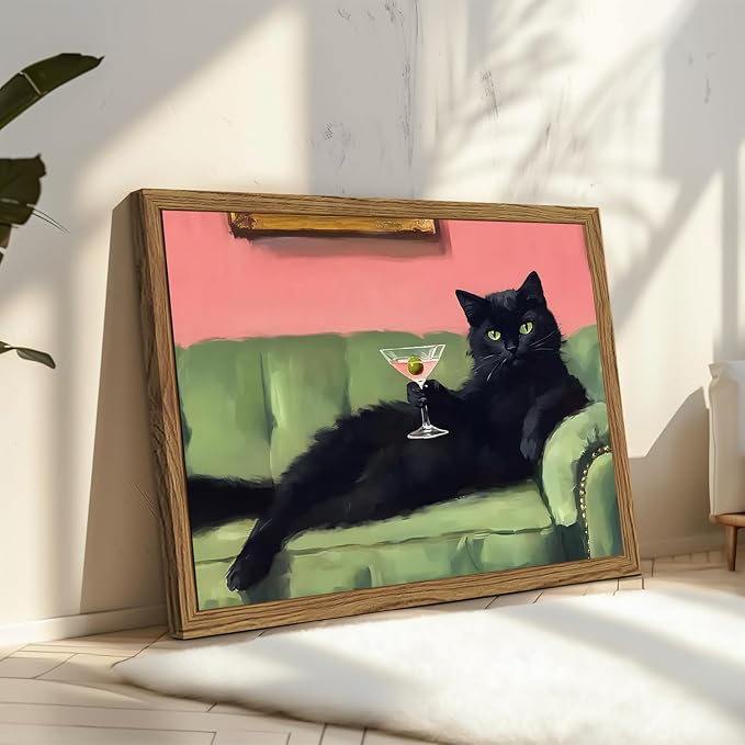 Funny Black Cat Martini Wall Art, Bar Cart Decor, Eclectic Cocktail Painting Canvas Print, Cute Animal Artwork Picture for Bedroom Living Room Kitchen 16x24 inch Wood Framed